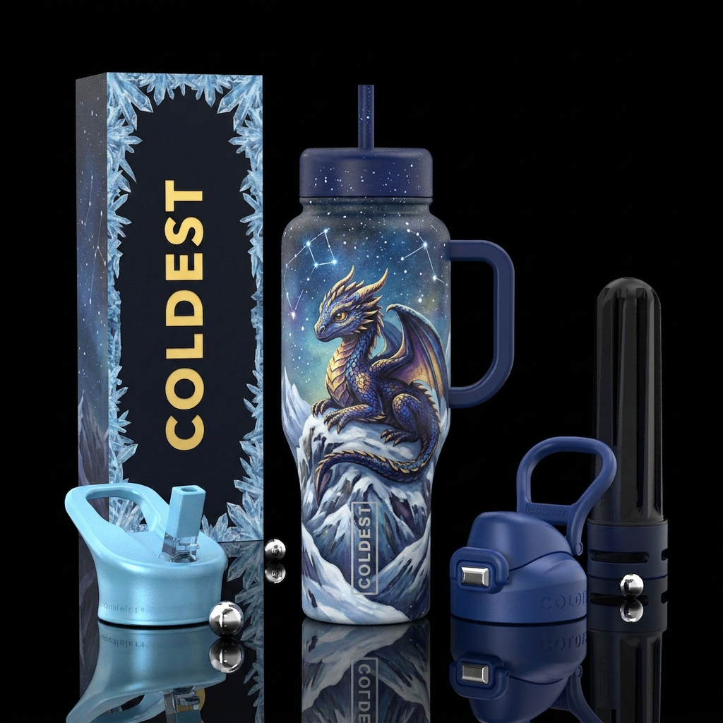 Dragon hatchling on a snowy mountain under the sta... water bottle design