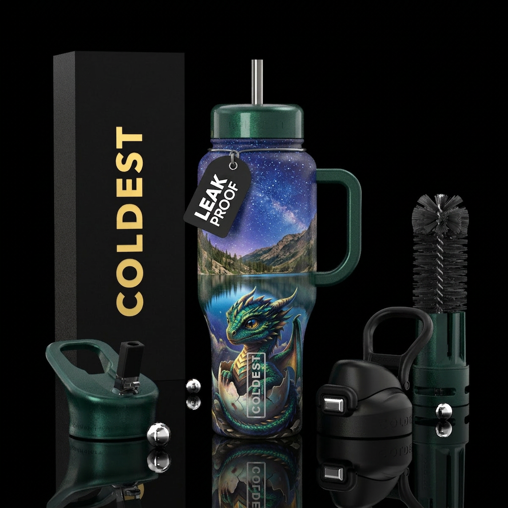 Dragon hatchling on a lake mountain under the star... water bottle design