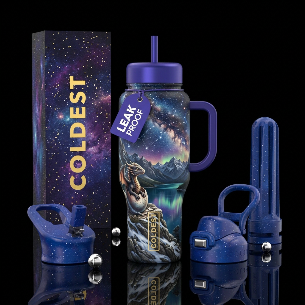 Dragon hatchling on a lake mountain under the star... water bottle design