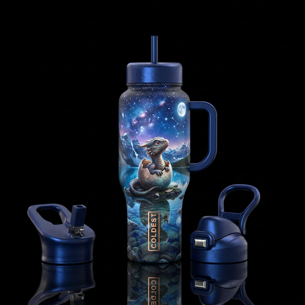 Dragon hatchling on a lake mountain under the star... water bottle design