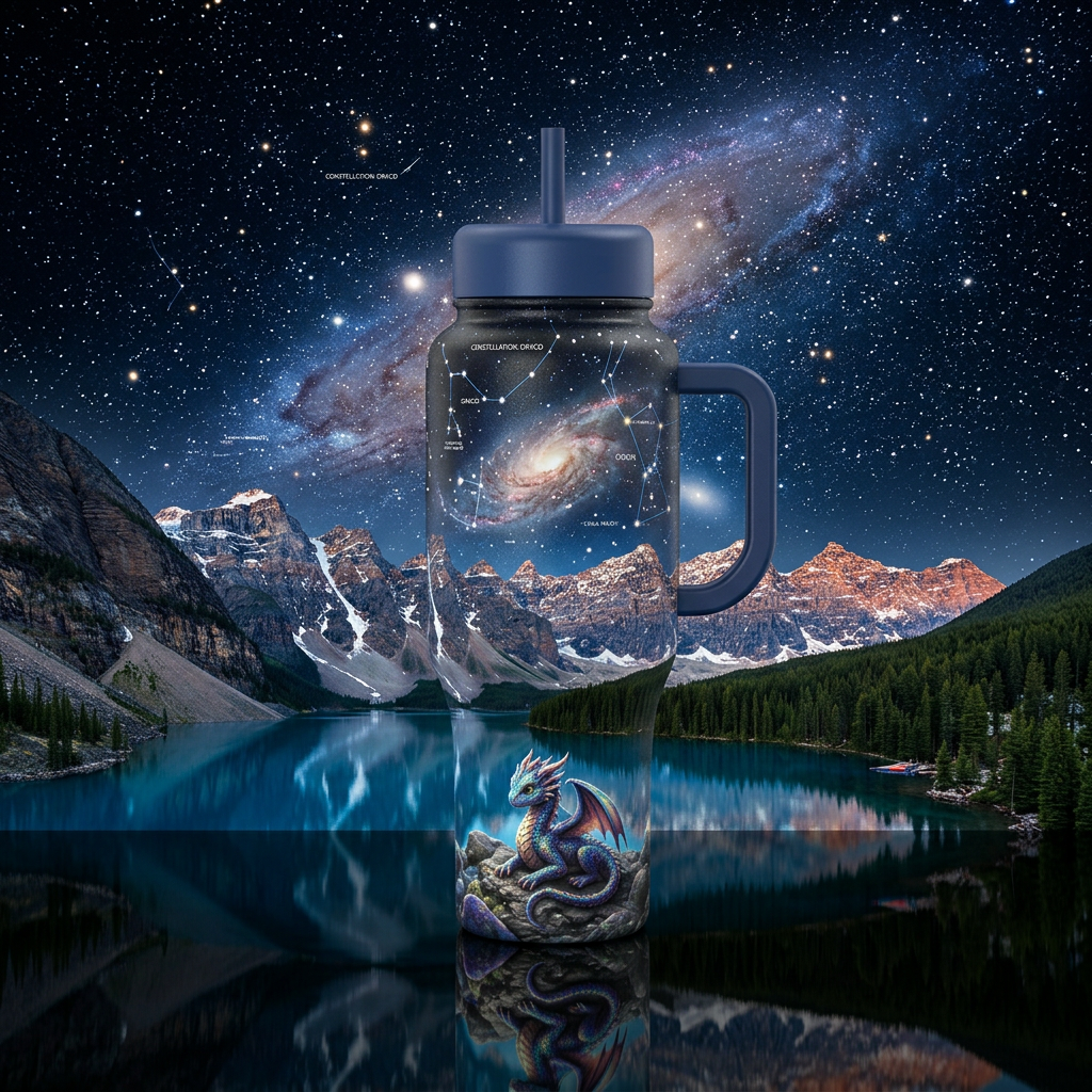 Dragon hatchling on a lake mountain under the star... water bottle design