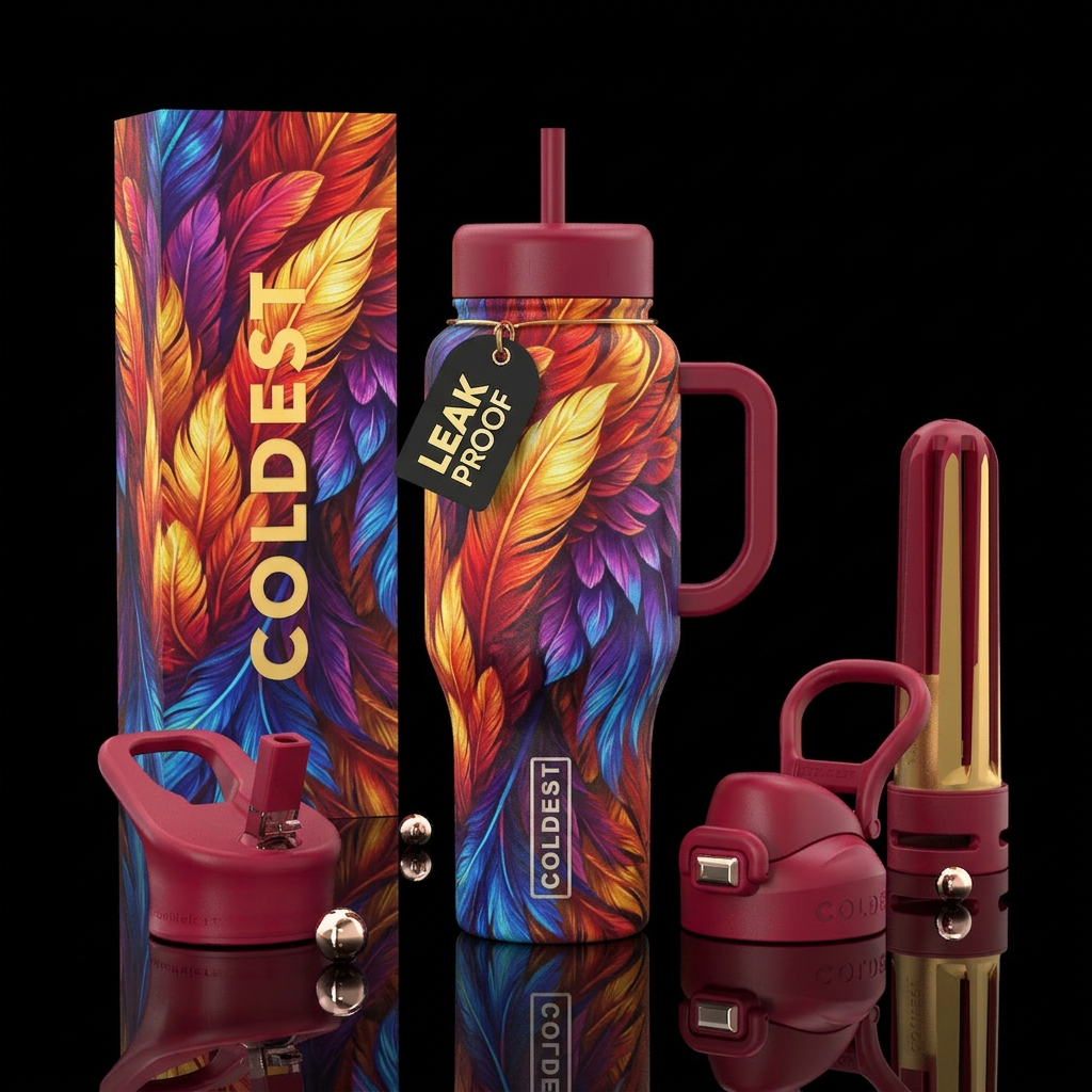 Multicolored Phoenix feathers covering a whole water bottle design