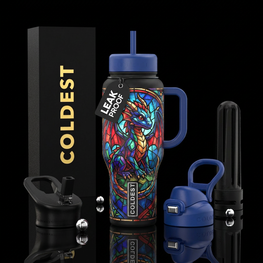 Stained glass baby dragon water bottle design