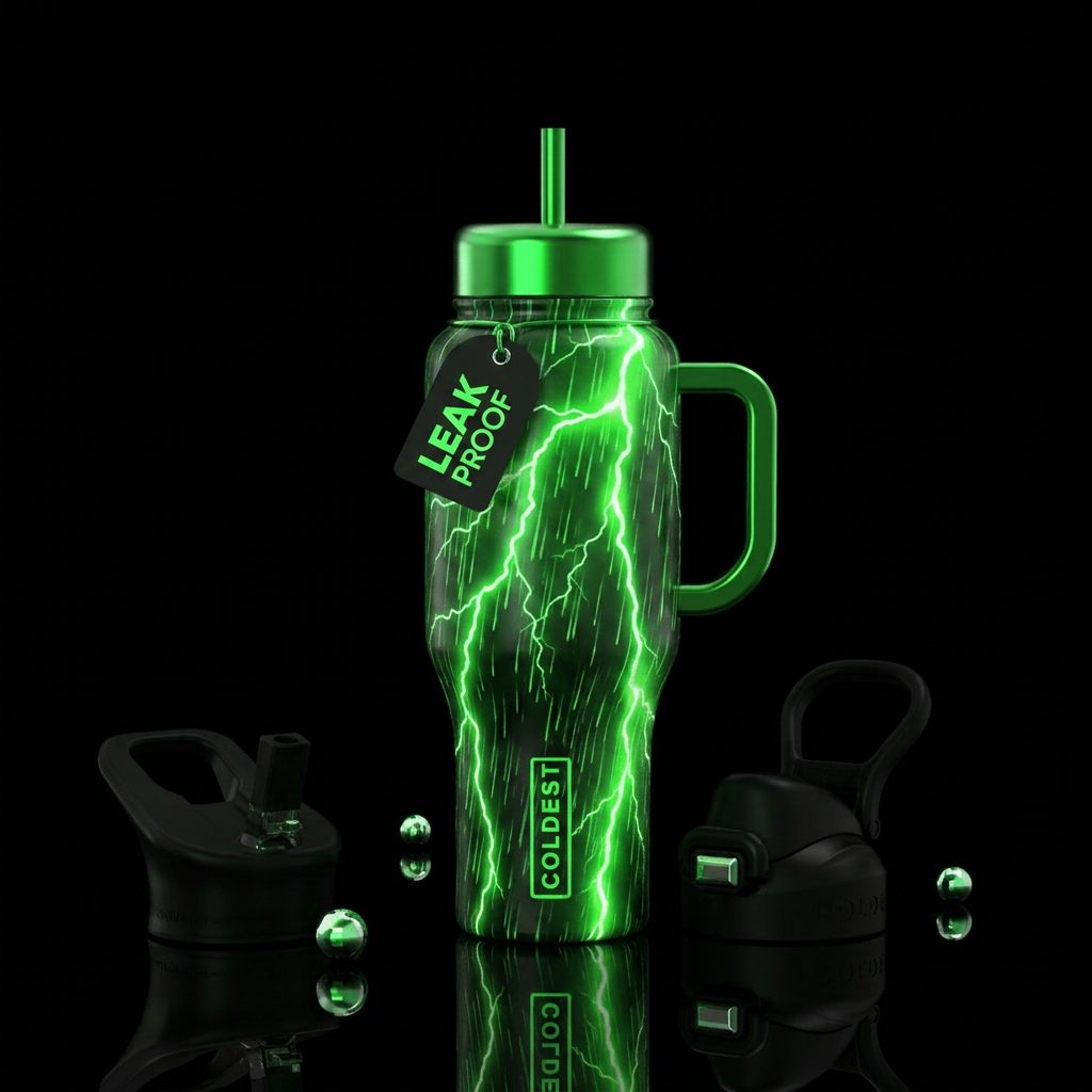 Rain with a green glow and lightning water bottle design