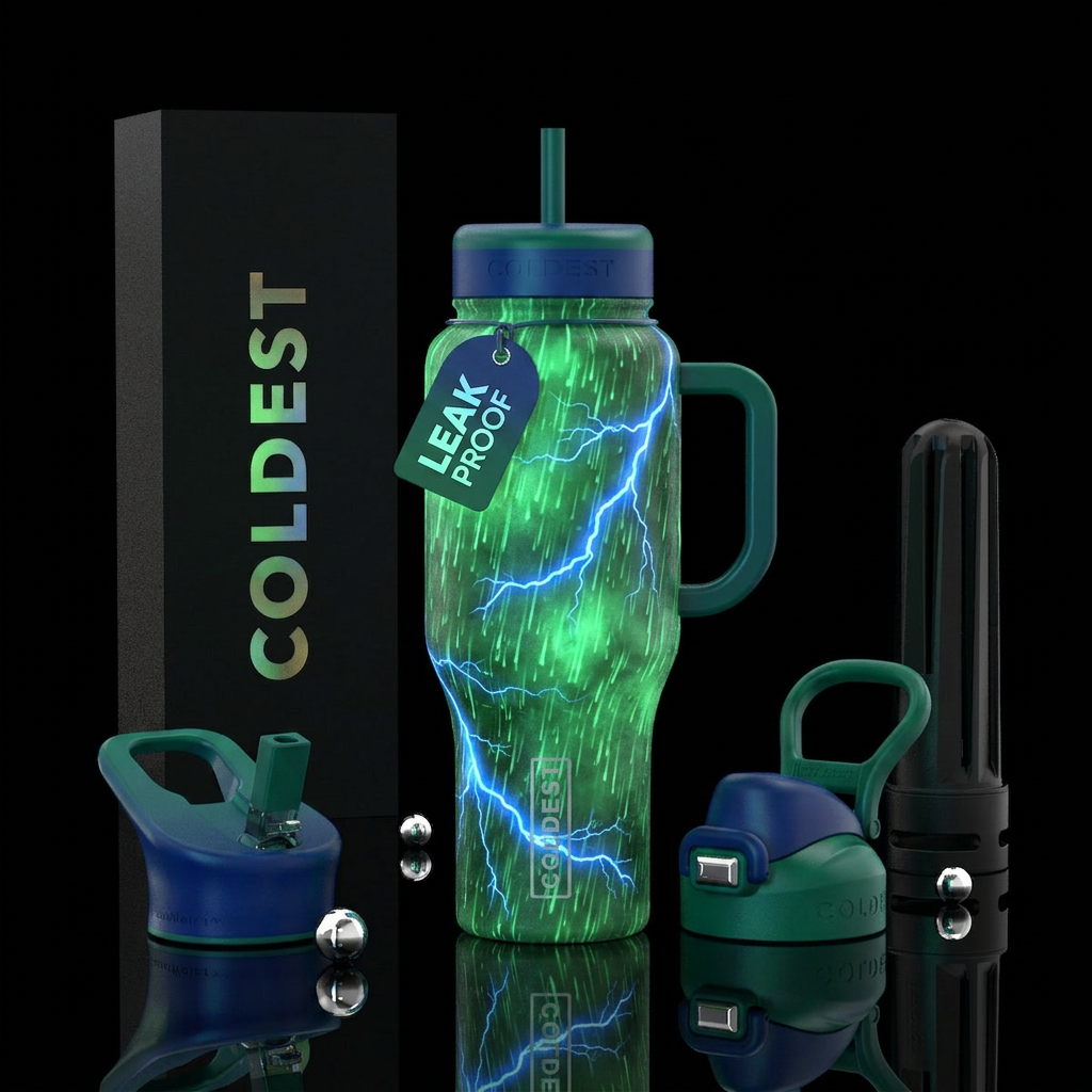 Rain with a green glow and  blue lightning water bottle design