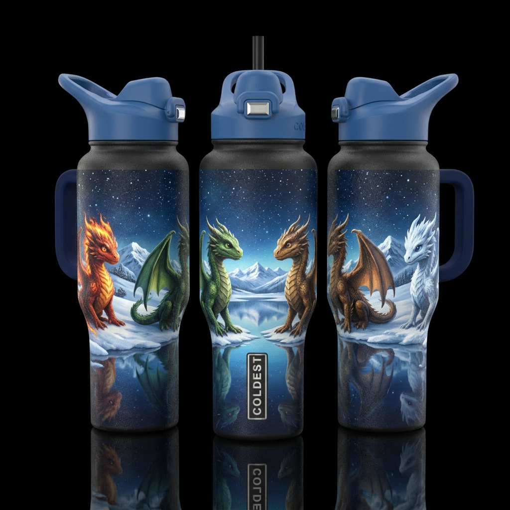 4 dragon hatchlings 2 on the front 2 on the back o... water bottle design