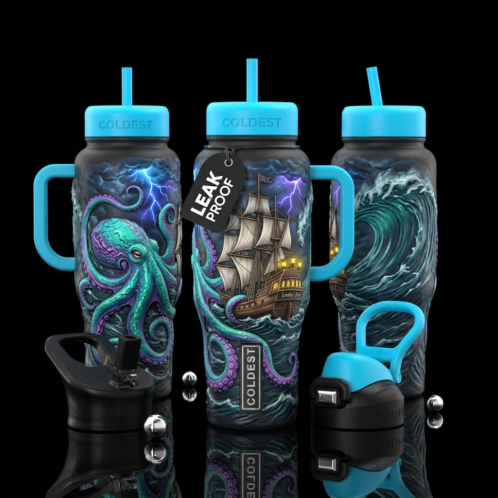 Kraken wrapping around a ship called Leaky Joe, li... water bottle design