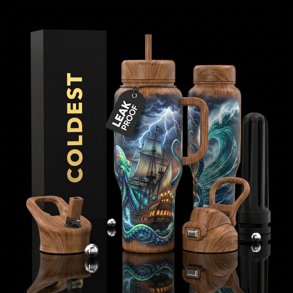 Kraken wrapping around a ship called Leaky Joe, li... water bottle design