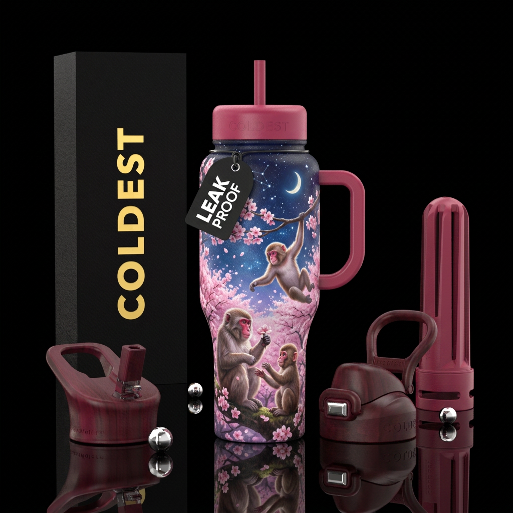 A family of Japanese Macaque playing on a blooming... water bottle design