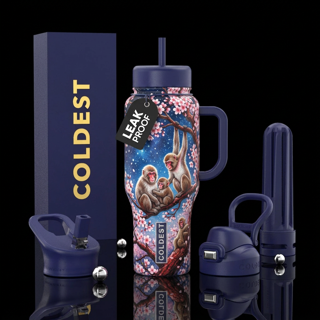 A family of Japanese Macaque playing on a blooming... water bottle design