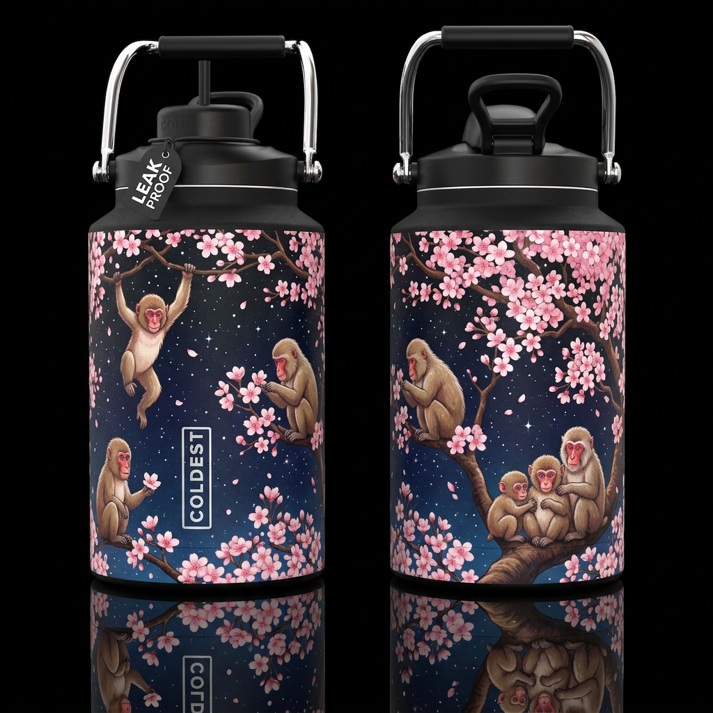 A family of Japanese Macaque playing on a blooming... water bottle design