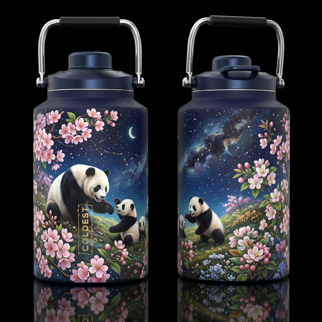A family of pandas playing on a blooming  under th... water bottle design
