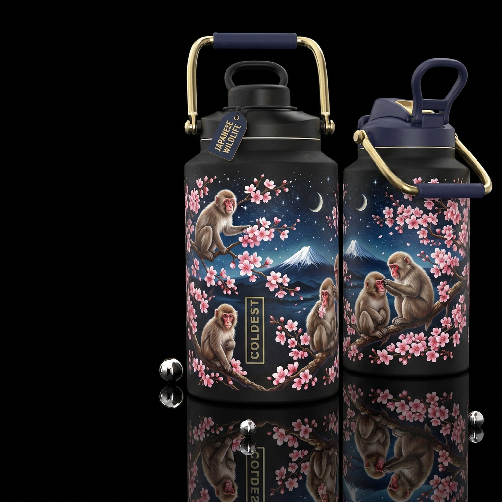 A family of Japanese Macaque playing on a blooming... water bottle design