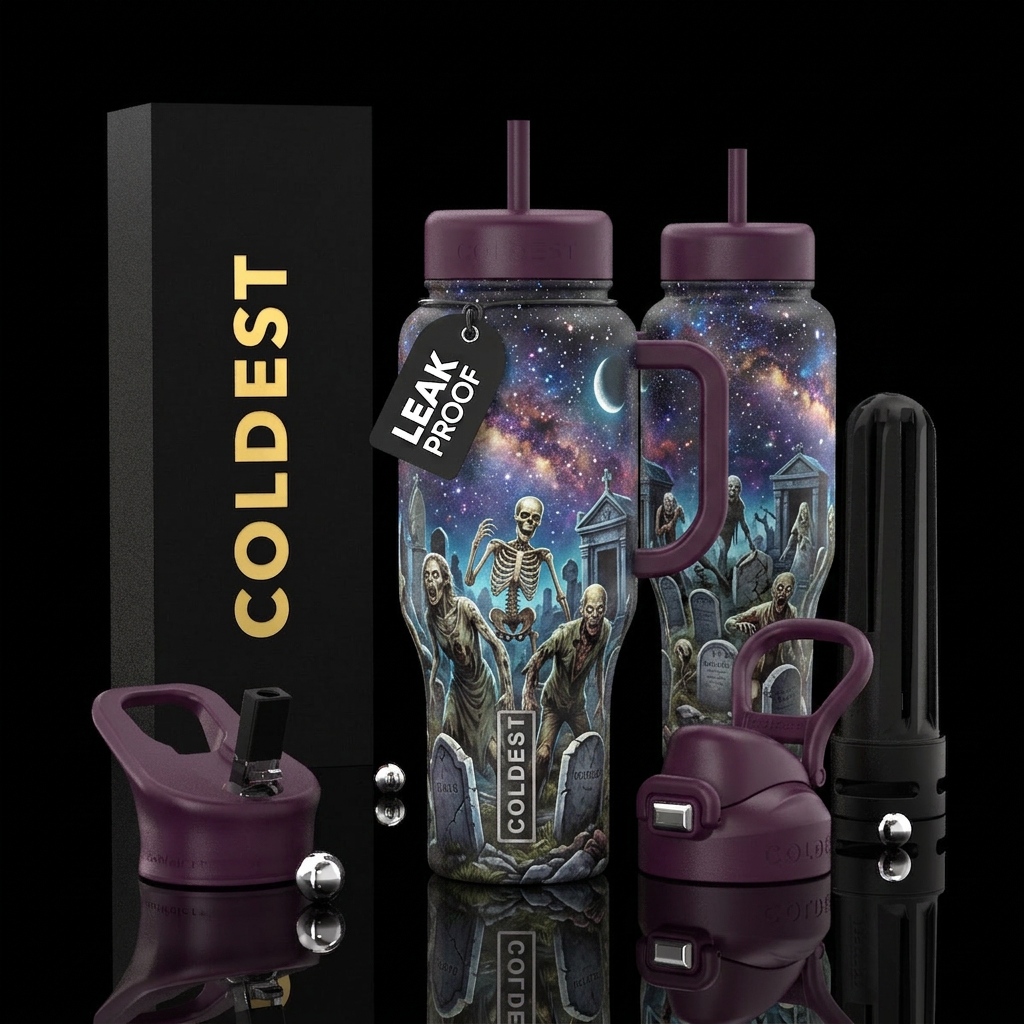 Various undead creatures, under the starry skies, ... water bottle design