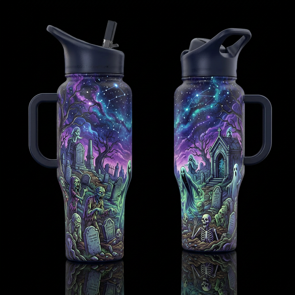 Various undead creatures, under the starry skies, ... water bottle design