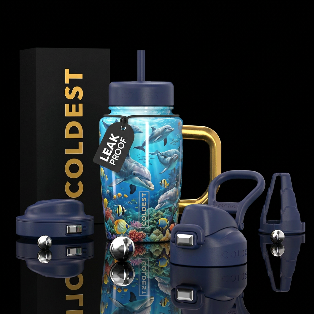 Dolphins playing under the sea, photorealistic, de... water bottle design
