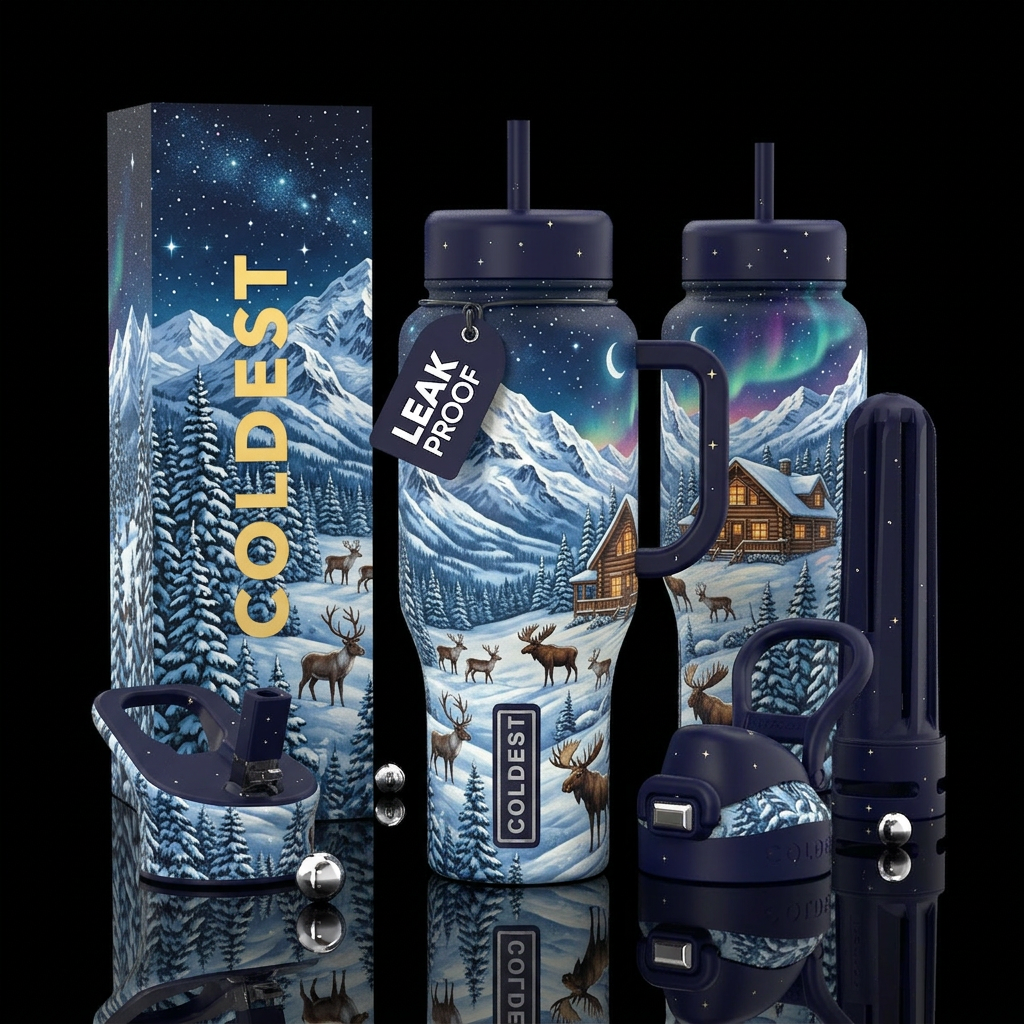 Snowy mountainous landscape, numerous reindeer, ev... water bottle design