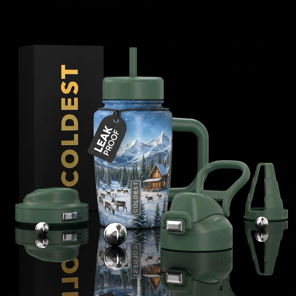 Snowy mountainous landscape, numerous reindeer, ev... water bottle design