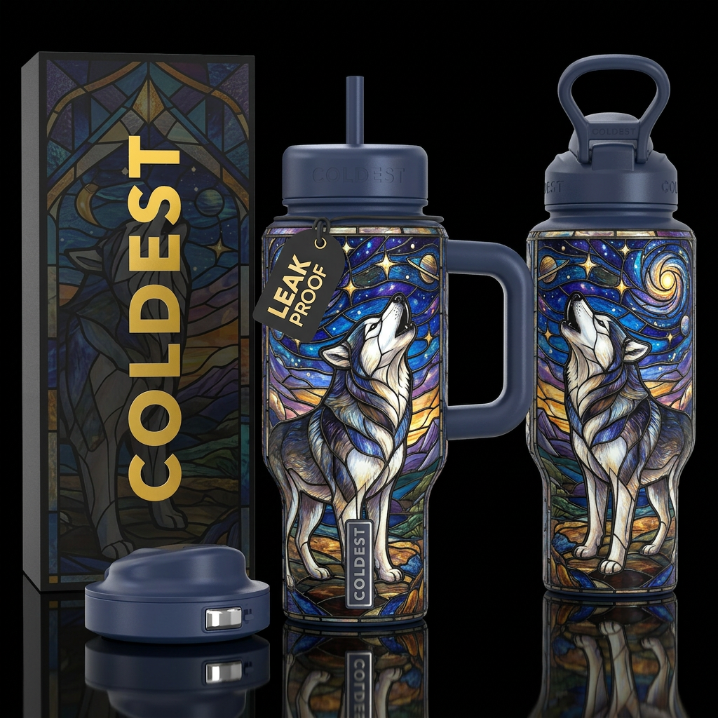 Stained glass husky howling at the starry sky, sho... water bottle design