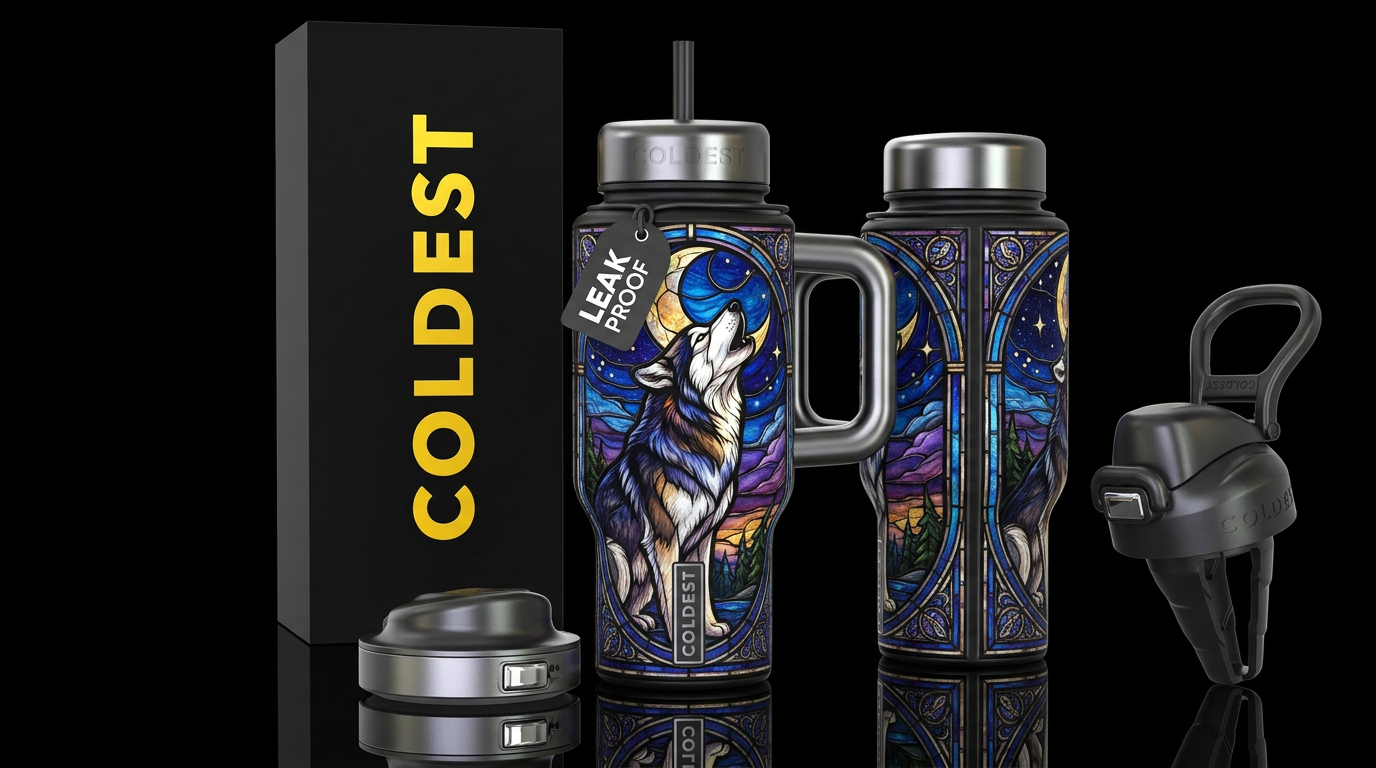 Stained glass husky howling at the starry sky, sho... water bottle design