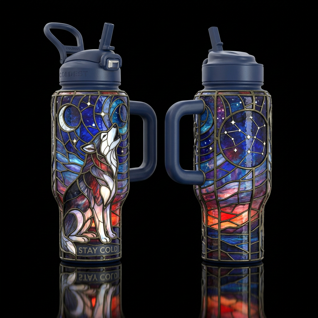 Stained glass husky howling at the starry sky, sho... water bottle design