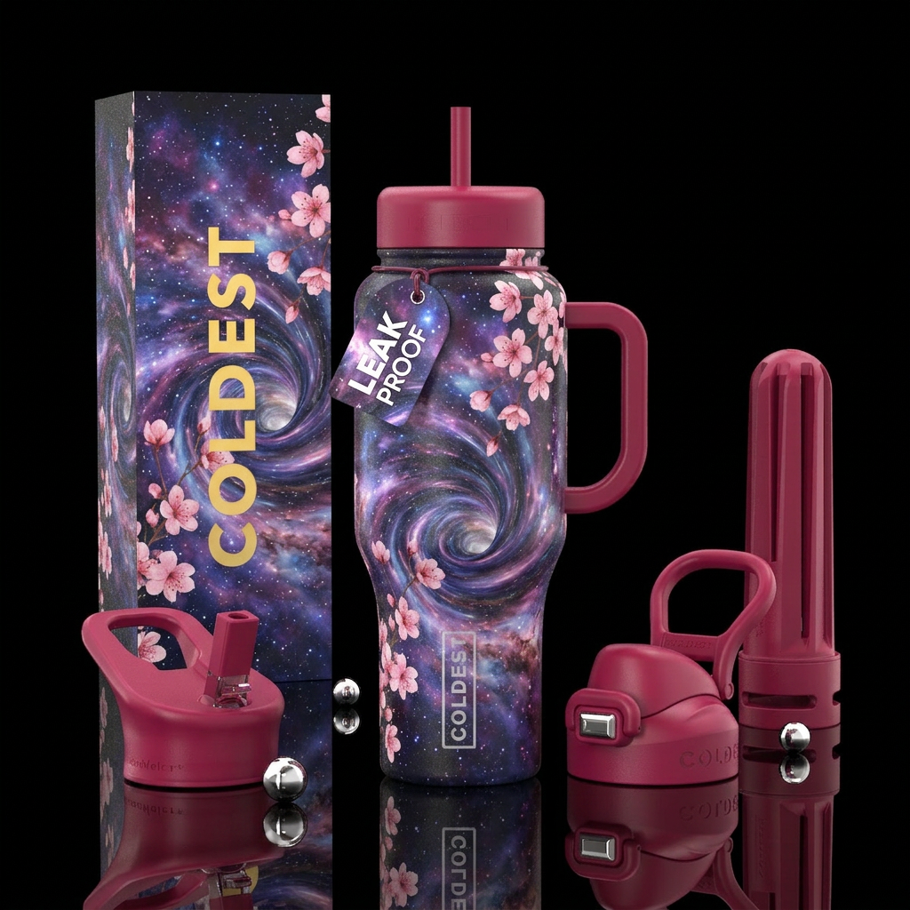 nebula, cherry blossom season, hyperspace water bottle design