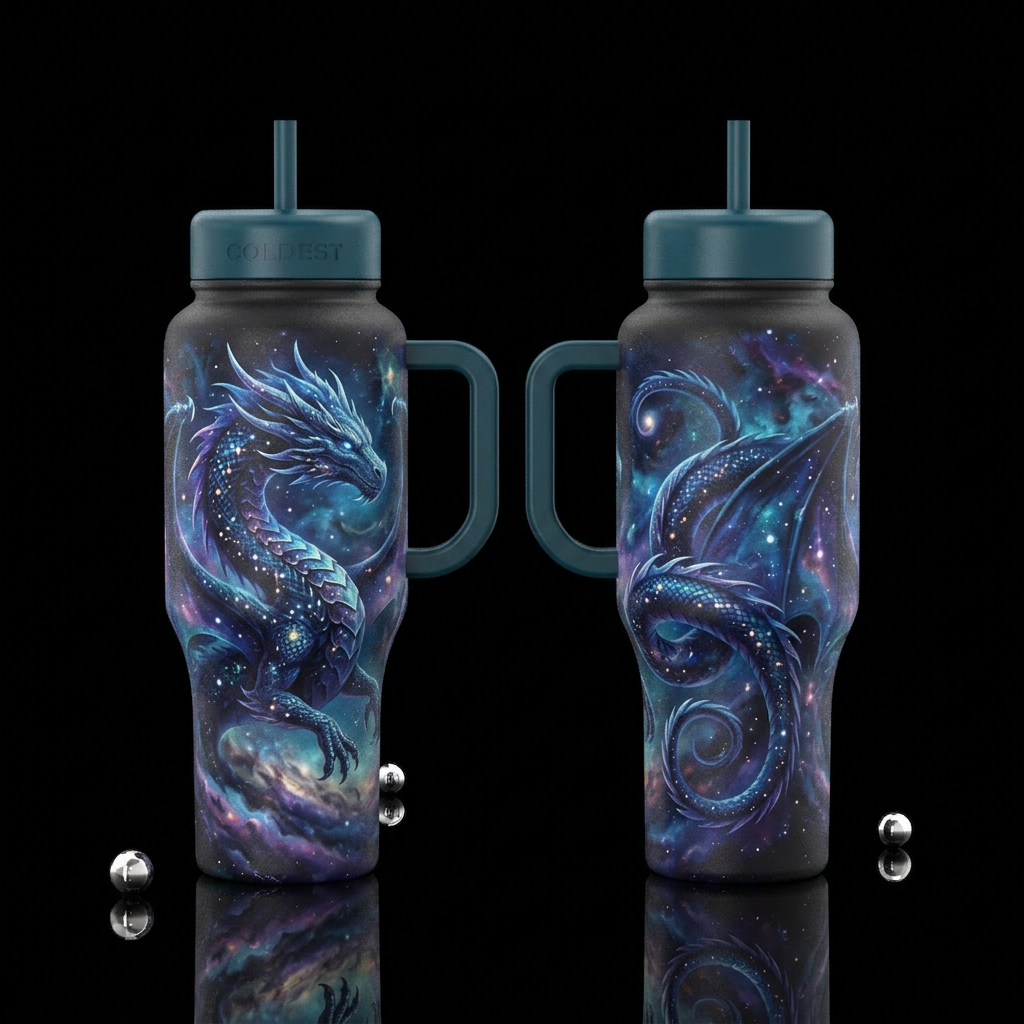 celestial, dragon, show front and back water bottle design