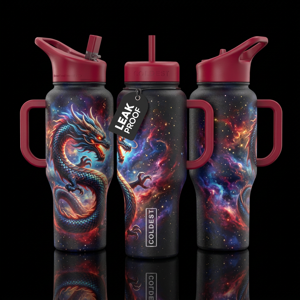 celestial, dragon, show front and back water bottle design