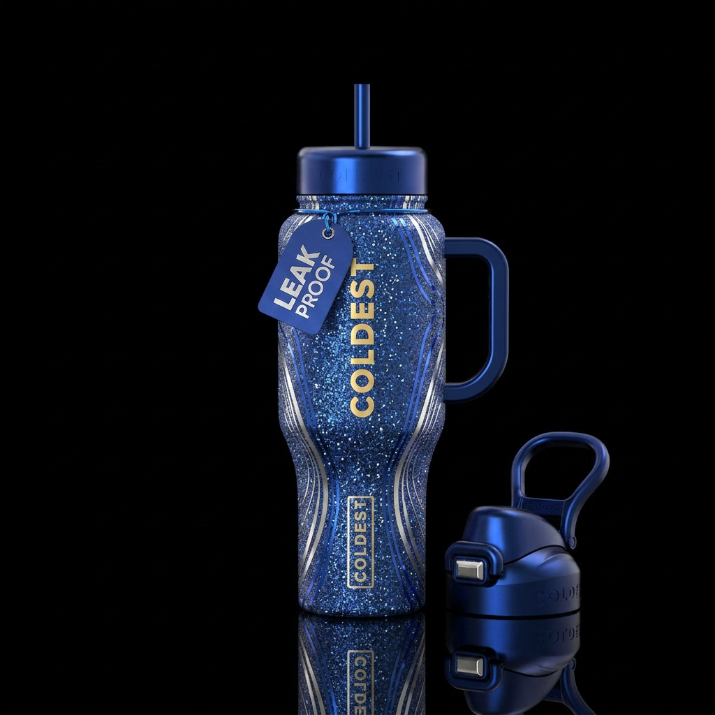 silver, sapphire, shimmer, show both sides water bottle design