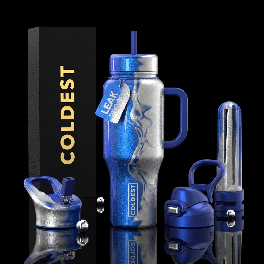 silver, sapphire, shimmer, show both sides water bottle design
