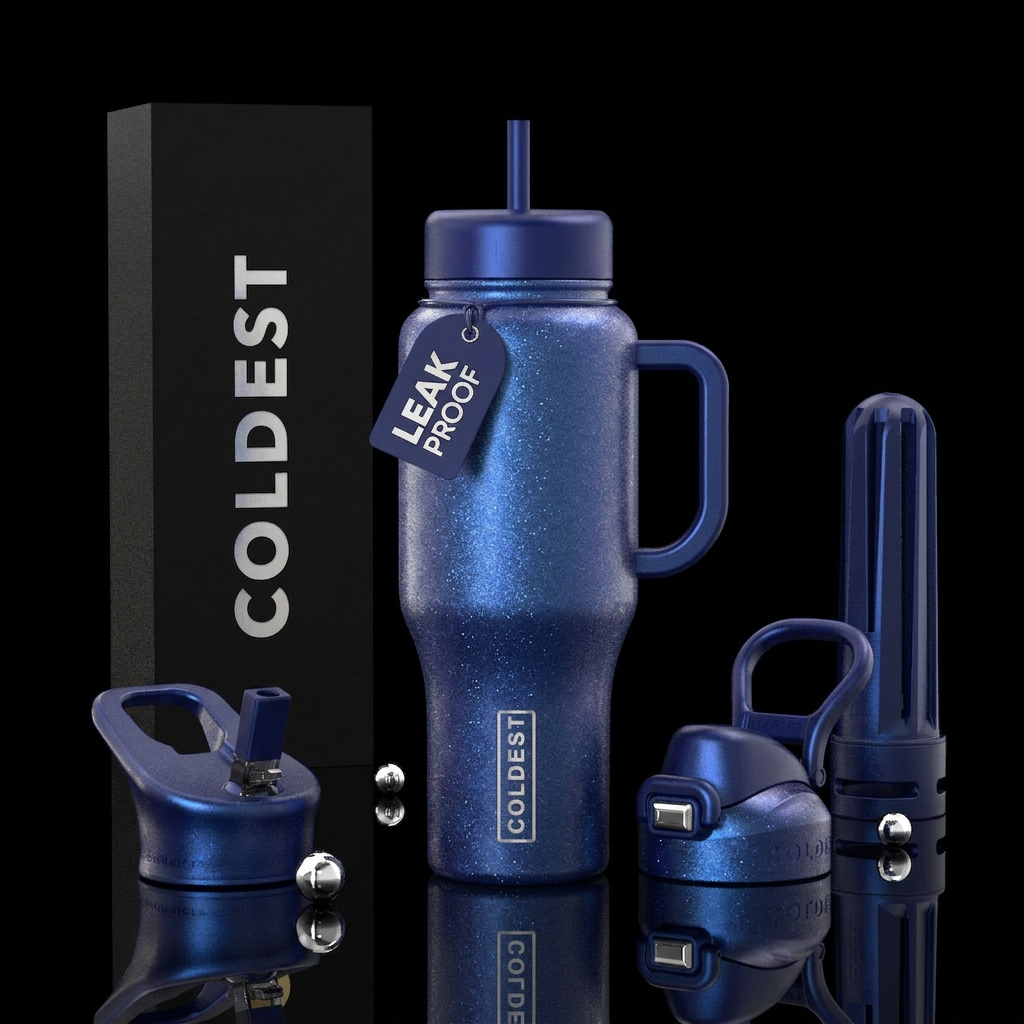 silver, sapphire, shimmer, show both sides water bottle design