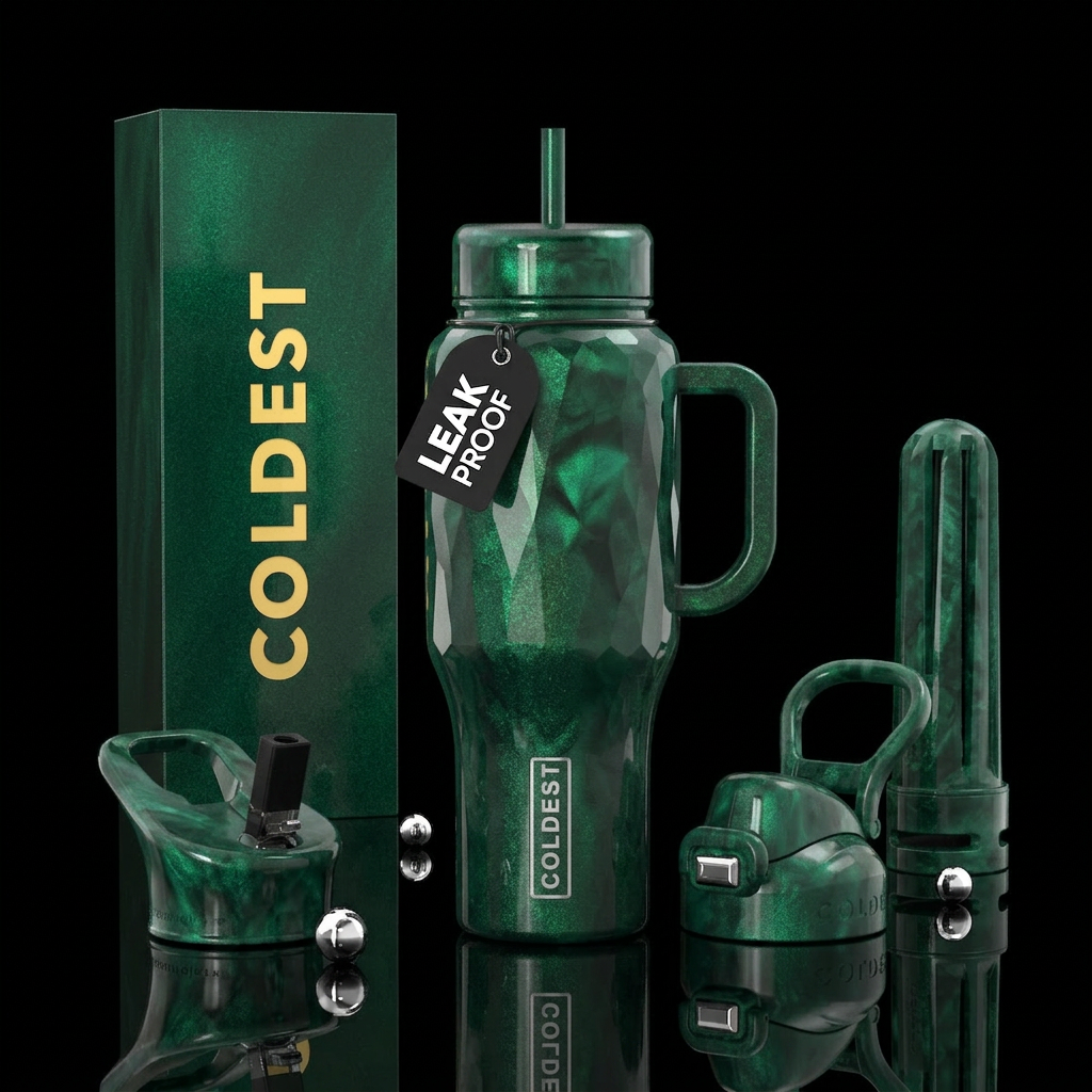 Emerald, shimmer, show both sides of cup water bottle design
