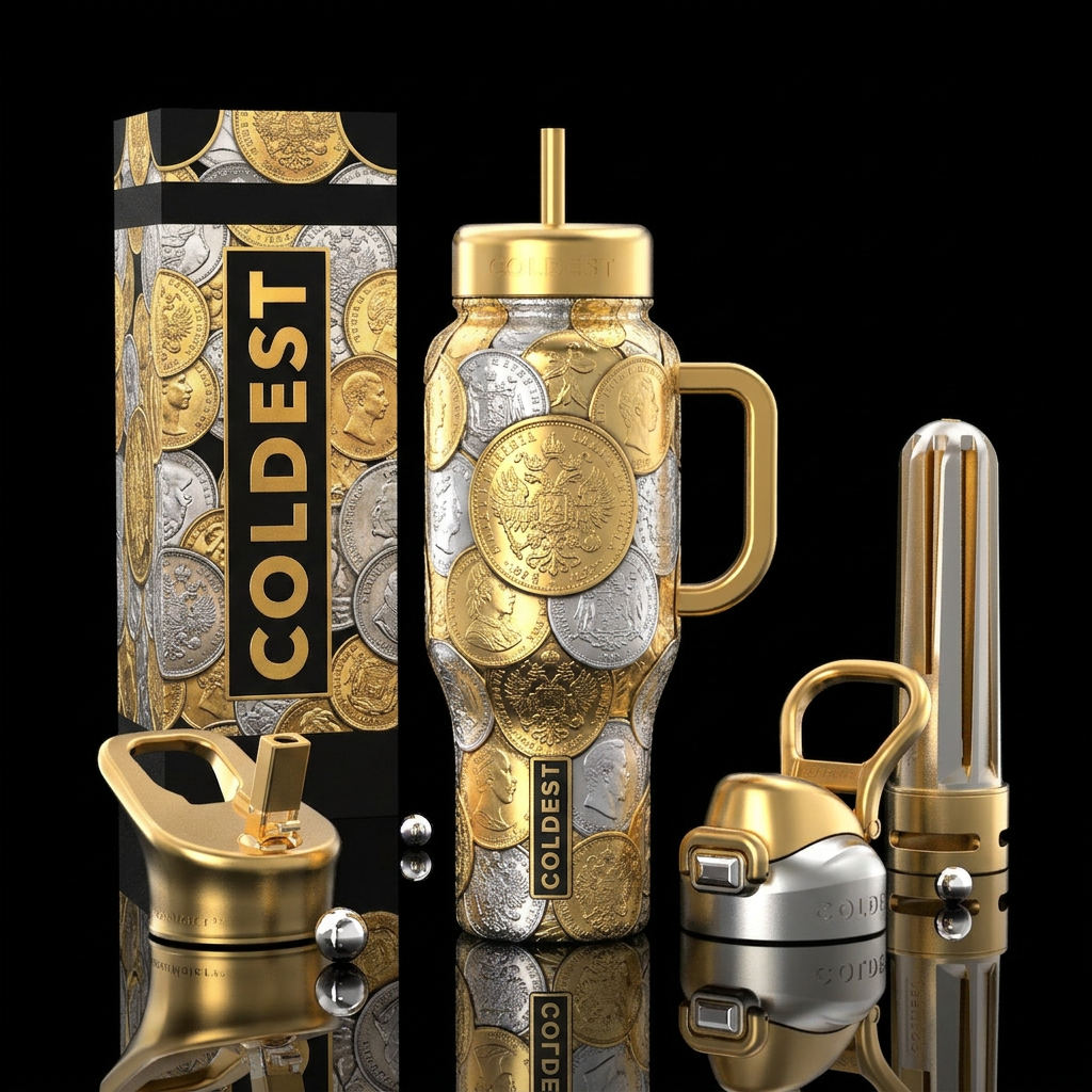 Imperial gold and silver coins water bottle design