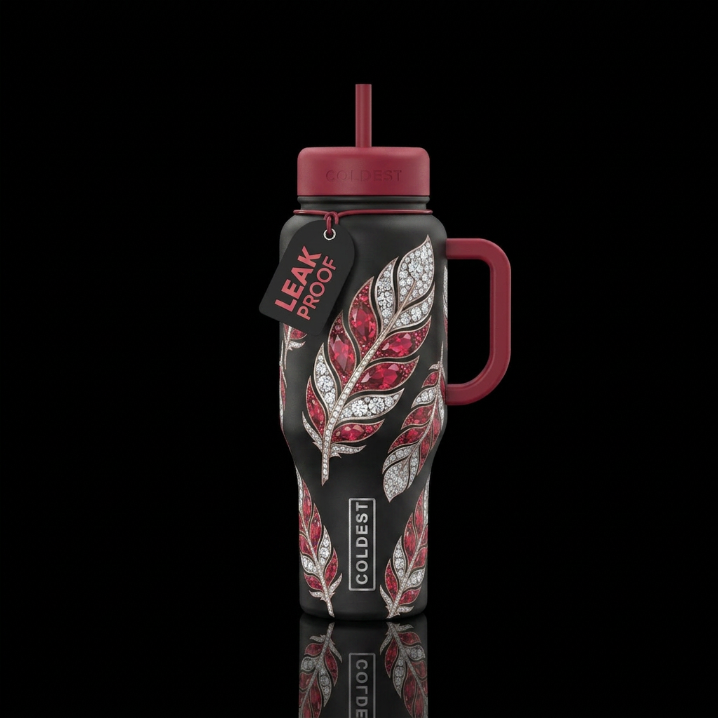 Diamonds and rubies in the shape of feathers water bottle design