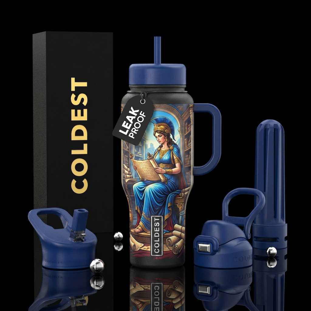 The goddess Athena reading in the library of Alexa... water bottle design