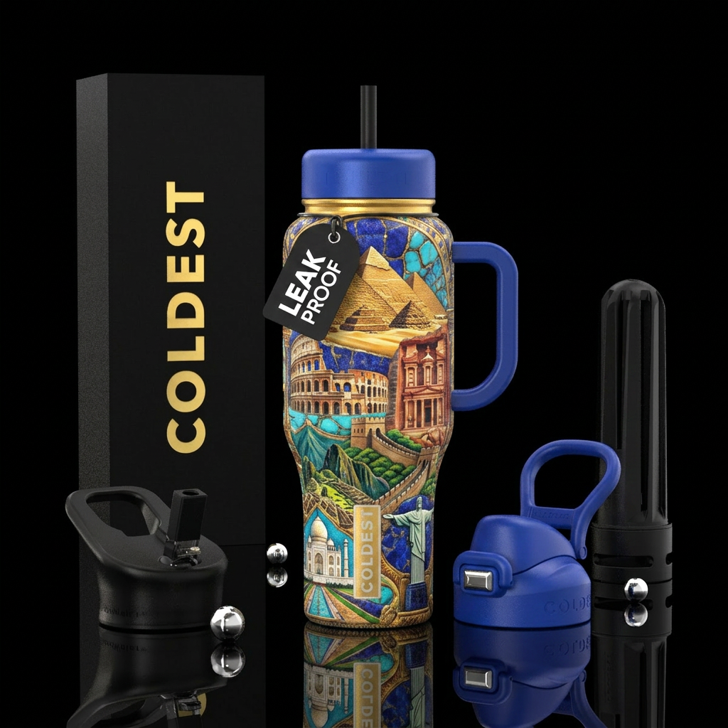 The seven wonders of the world water bottle design