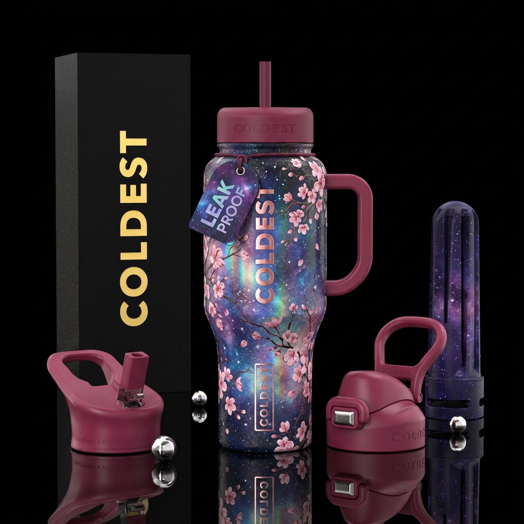 galaxy, starry night, holographic, cherry blossom ... water bottle design
