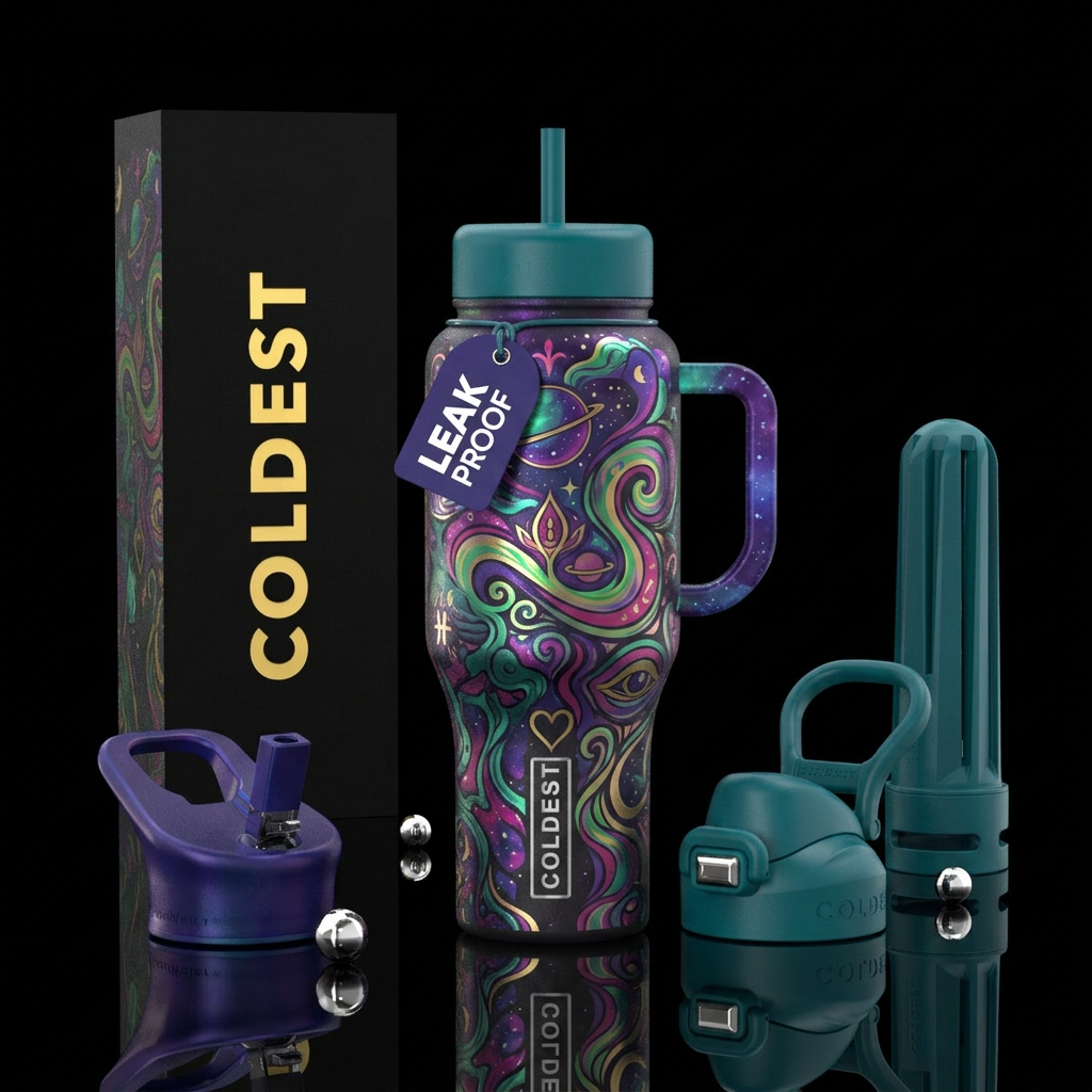mystical, timeless, psychedelic water bottle design