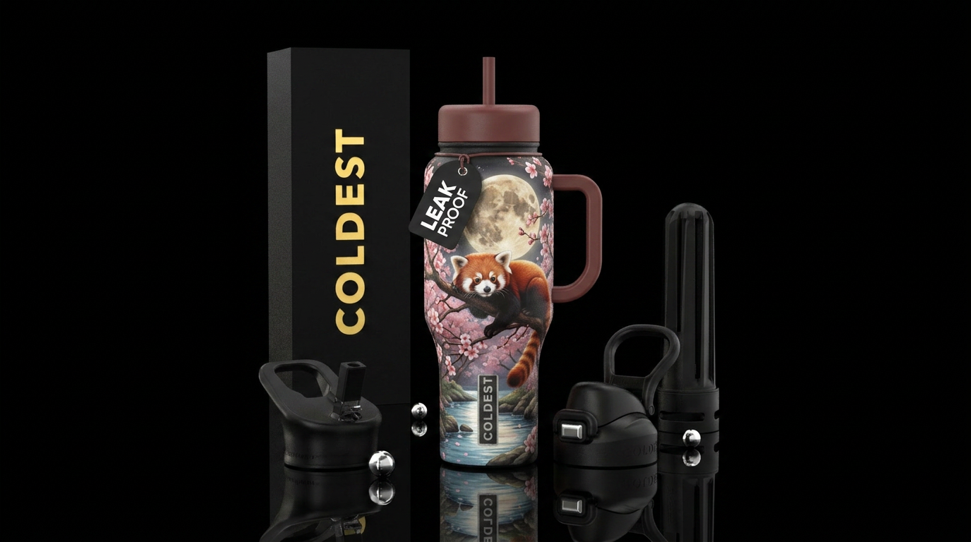 red panda, harvest moon, cherry blossom season, ge... water bottle design