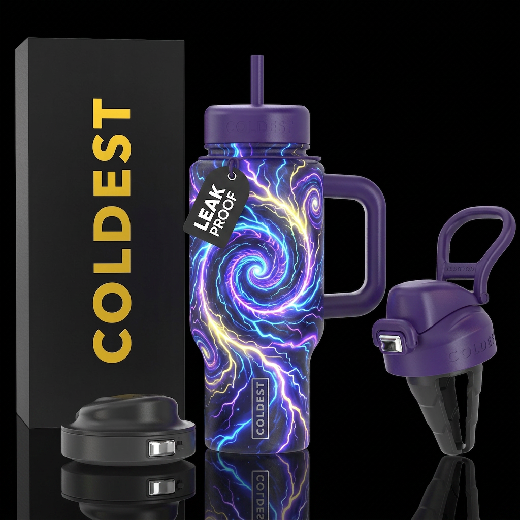 mythical, glowie, spirals, electricity water bottle design
