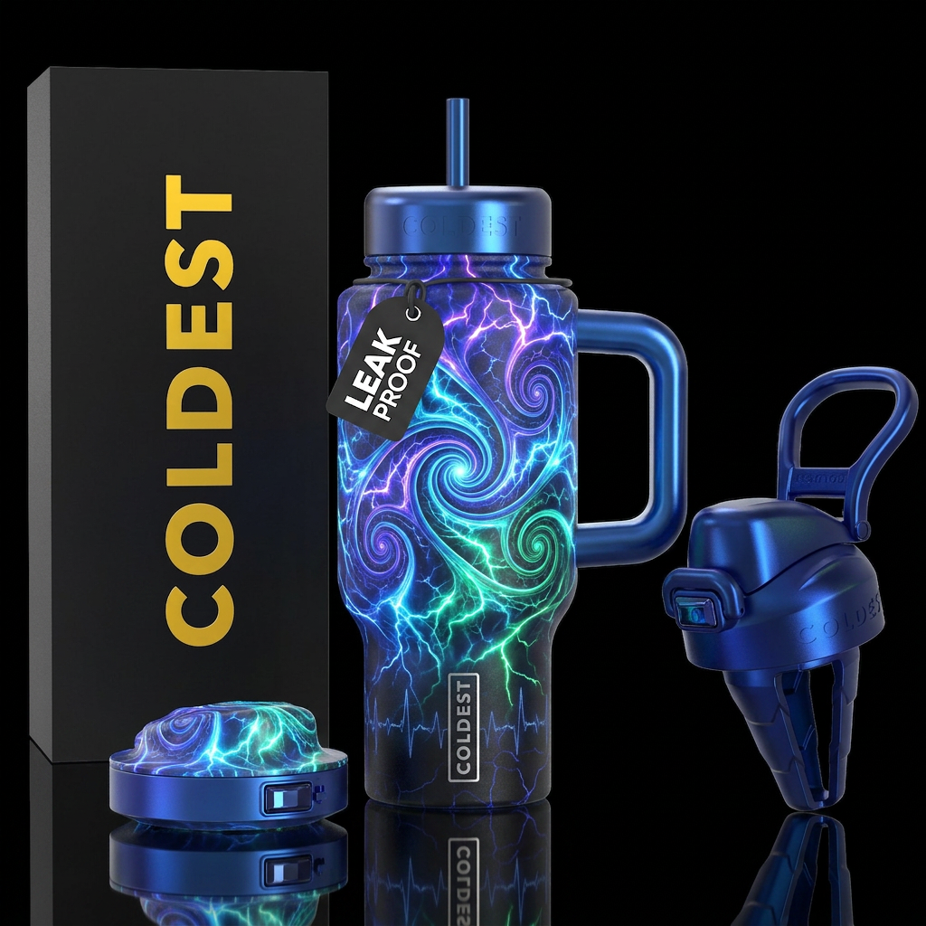 mythical, glowie, spirals, electricity water bottle design