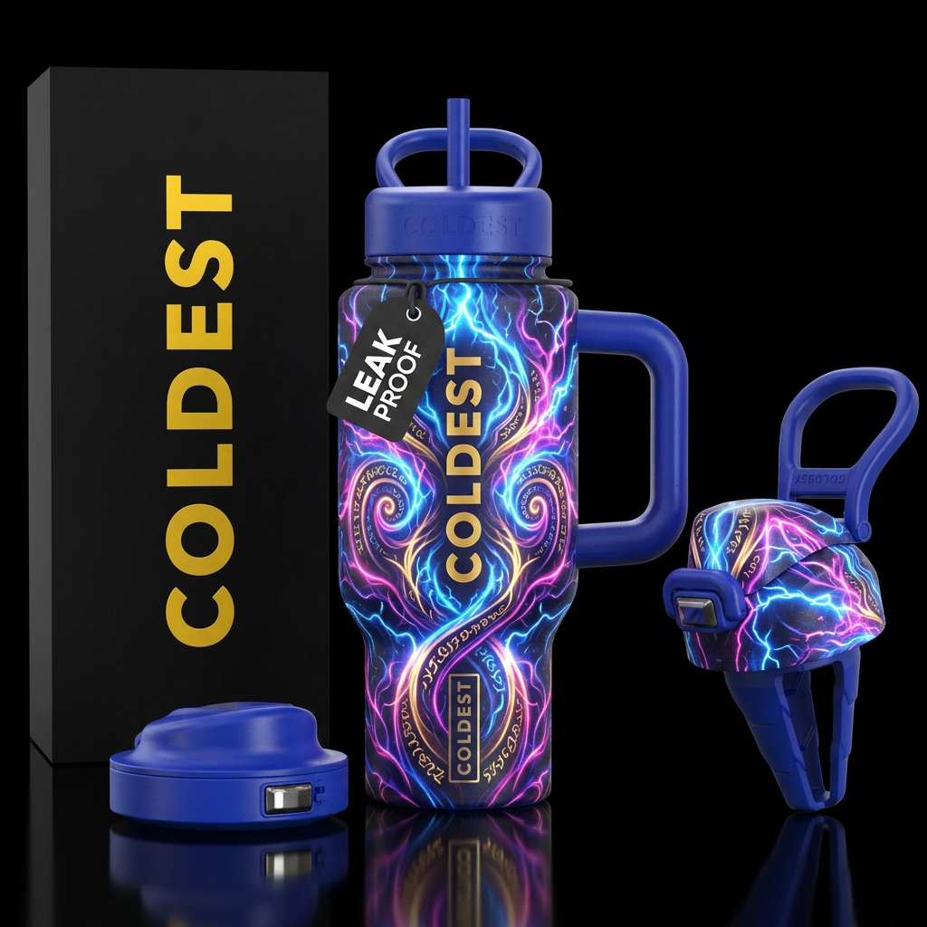 mythical, glowie, spirals, electricity water bottle design