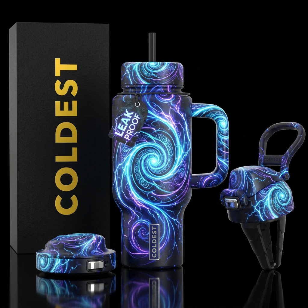 mythical, glowie, spirals, electricity water bottle design