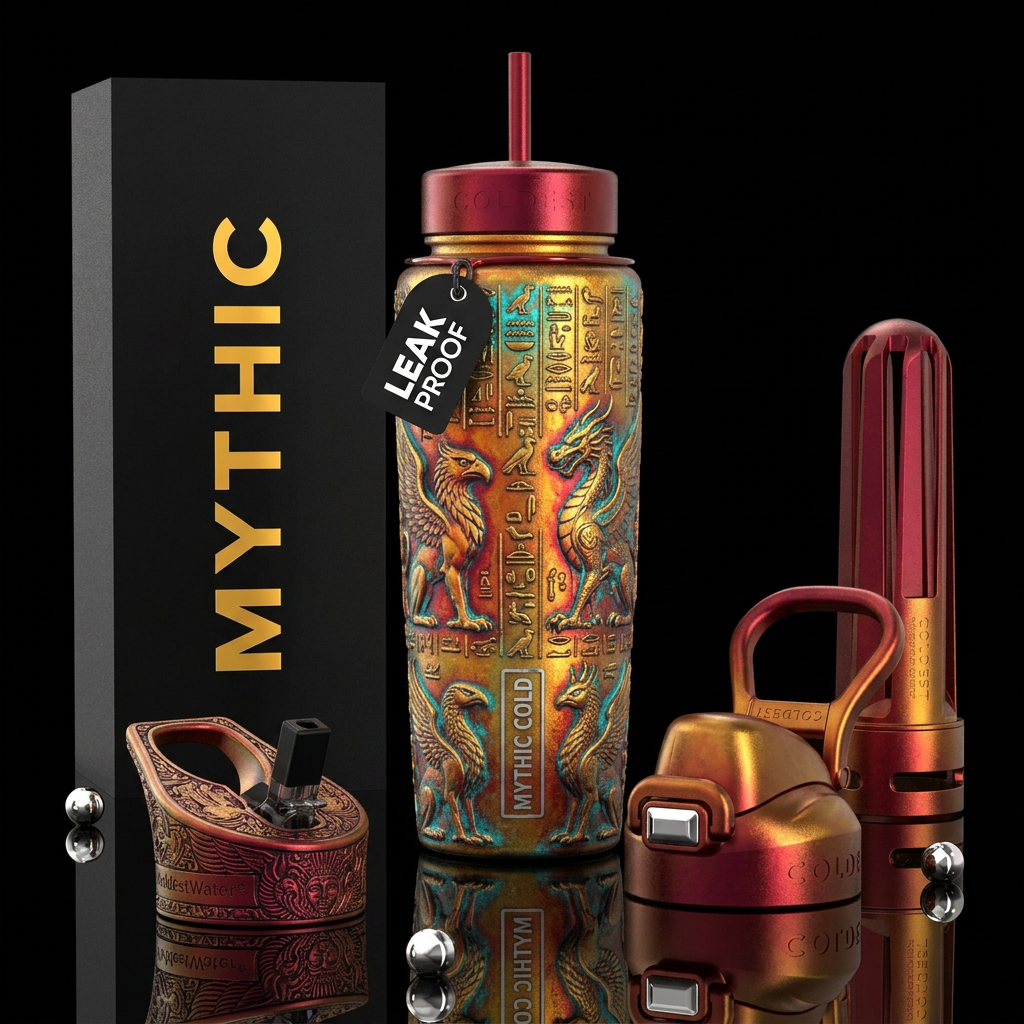 Mythical, ancient, textured, photorealistic, detai... water bottle design