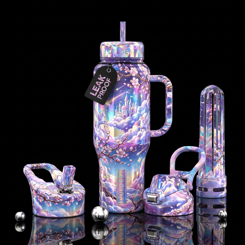 sky kingdom, sakura, prismatic water bottle design
