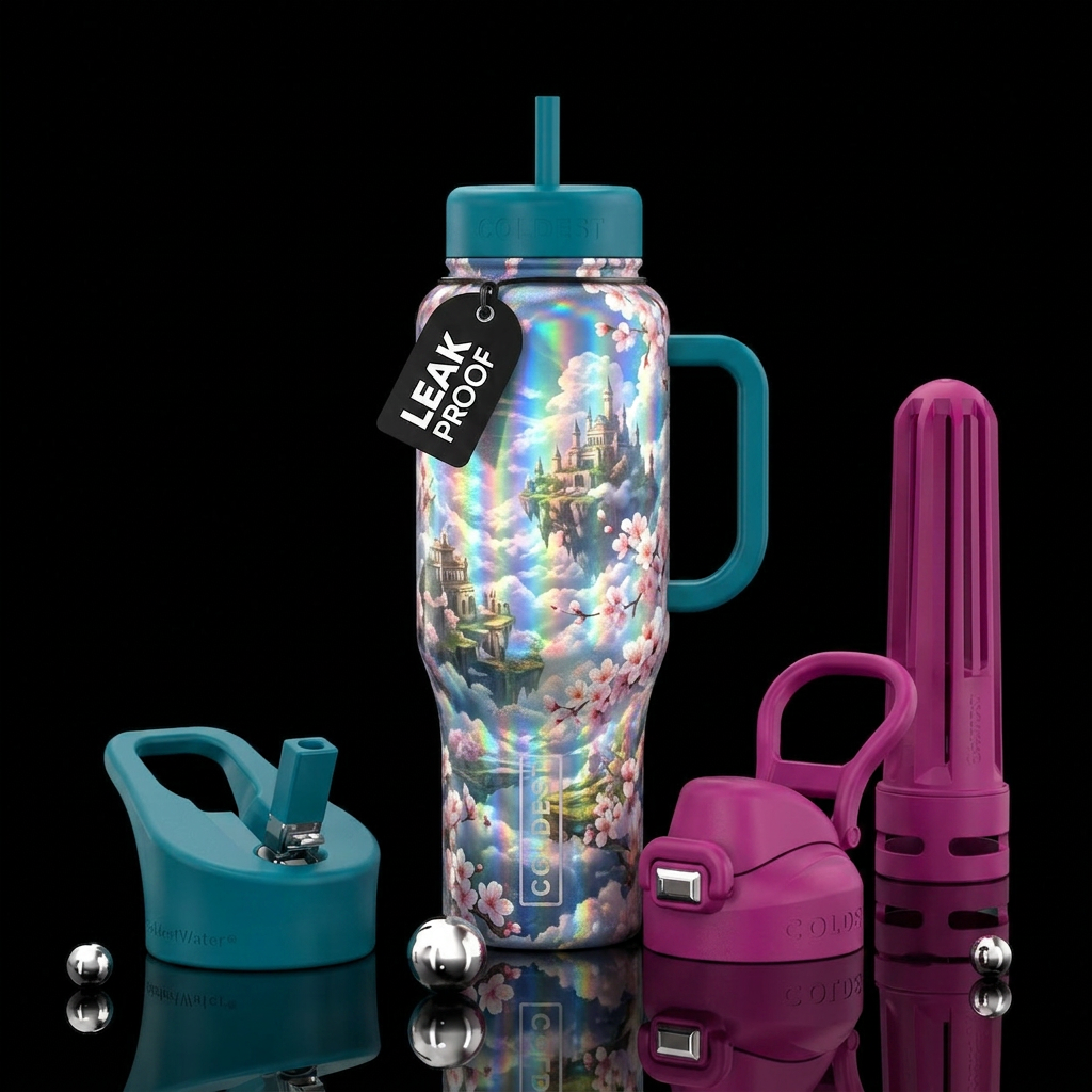 sky kingdom, sakura, prismatic water bottle design