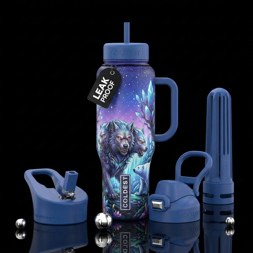 polar bear, enchanted forest, cerberus water bottle design