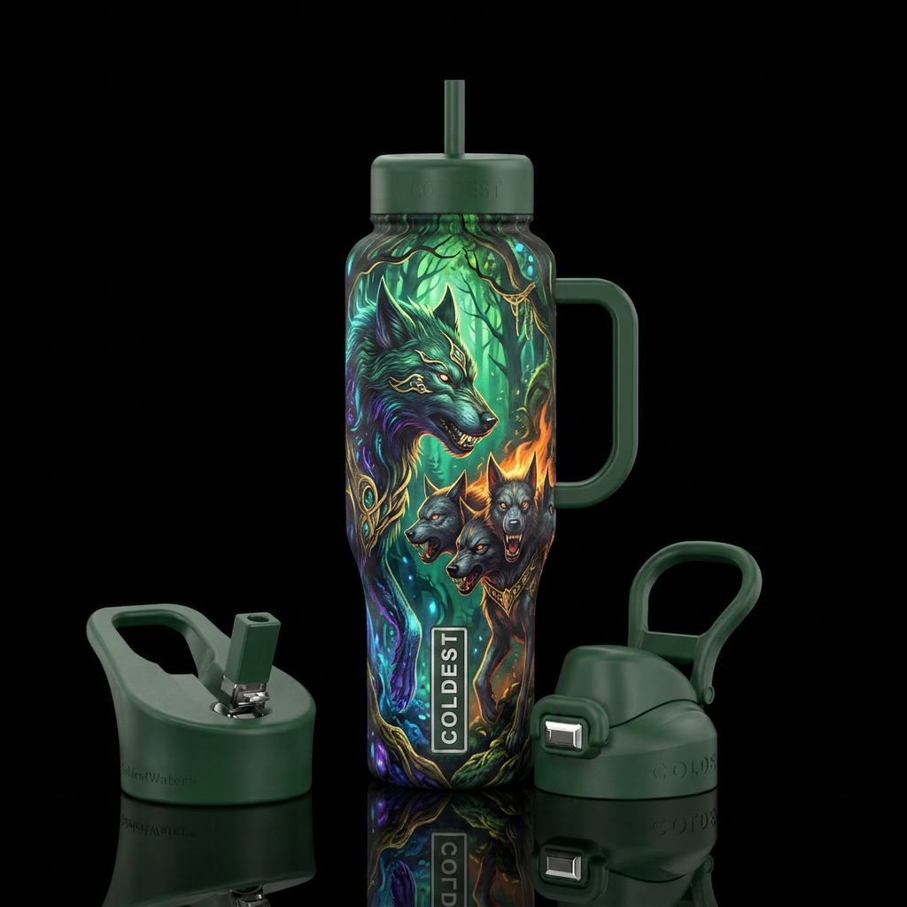 Fenrir, enchanted forest, cerberus water bottle design