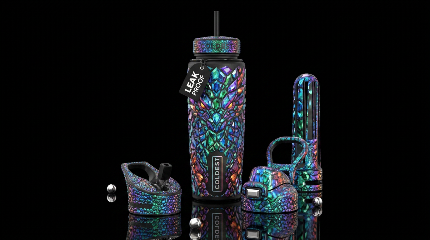 chameleon, electric, dragon, gemstone water bottle design