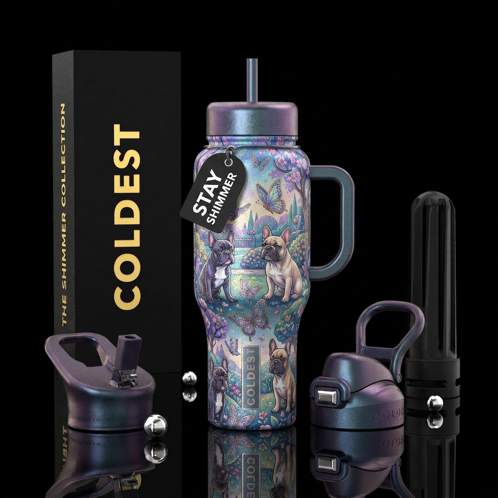 French bulldogs chatting butterflies through a par... water bottle design